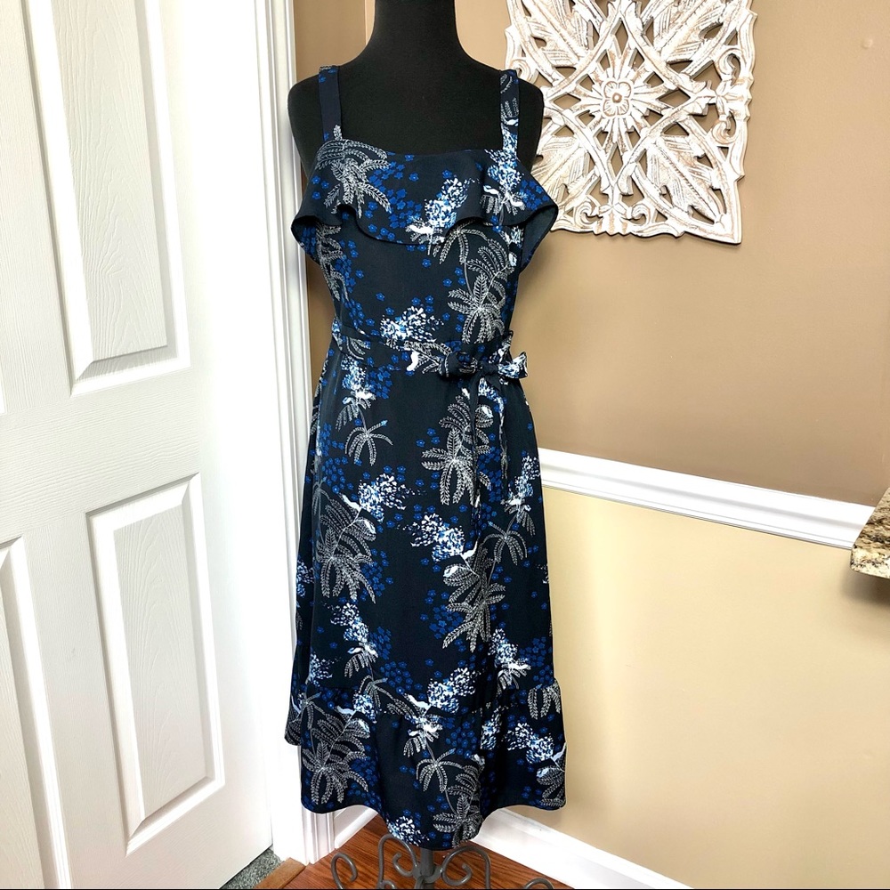 ⭐️ Banana Republic Navy Floral Classic Midi Dress Size 4 Ruffle Belted